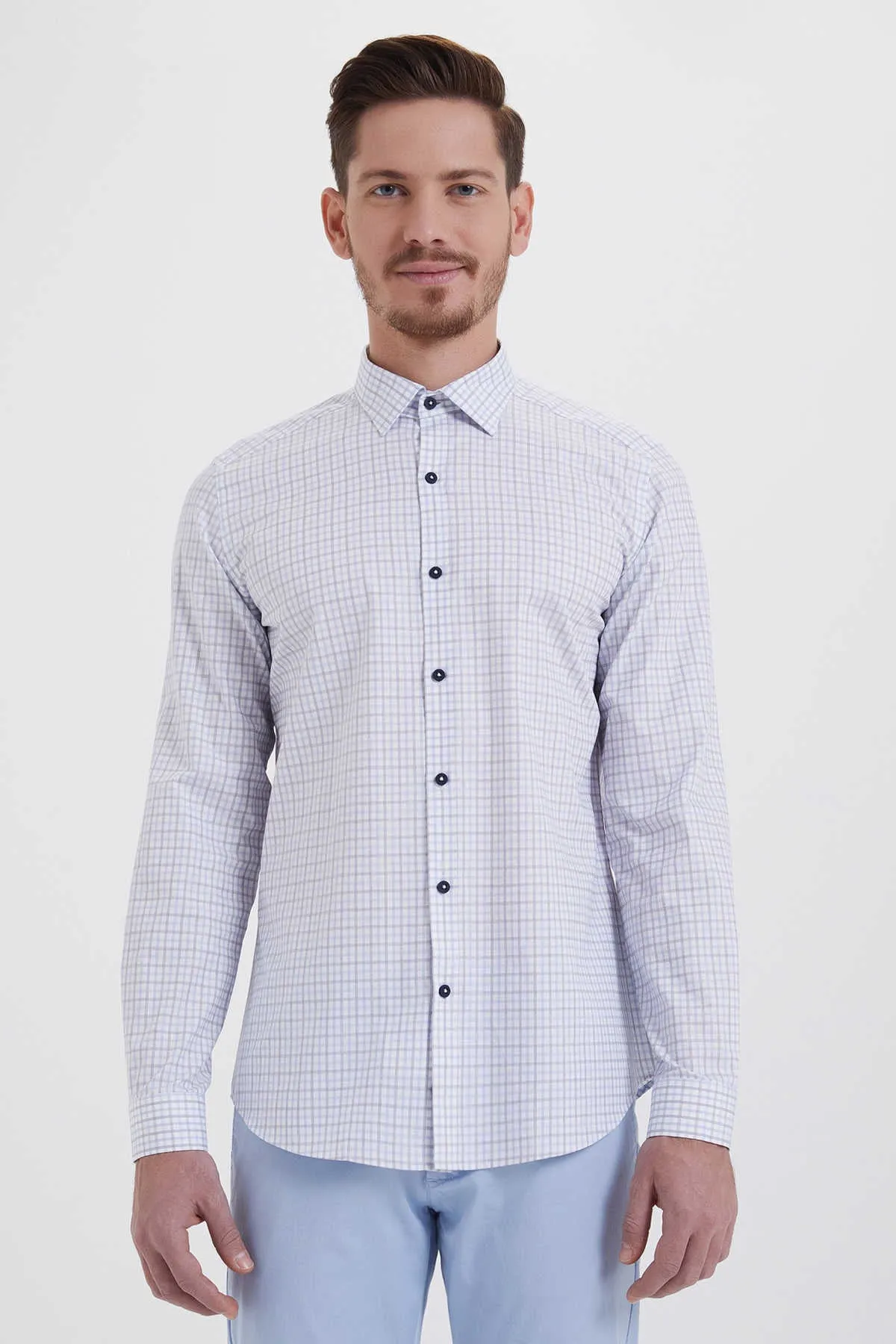 Slim Fit Long Sleeve Plaid Cotton Light Blue Dress Shirt