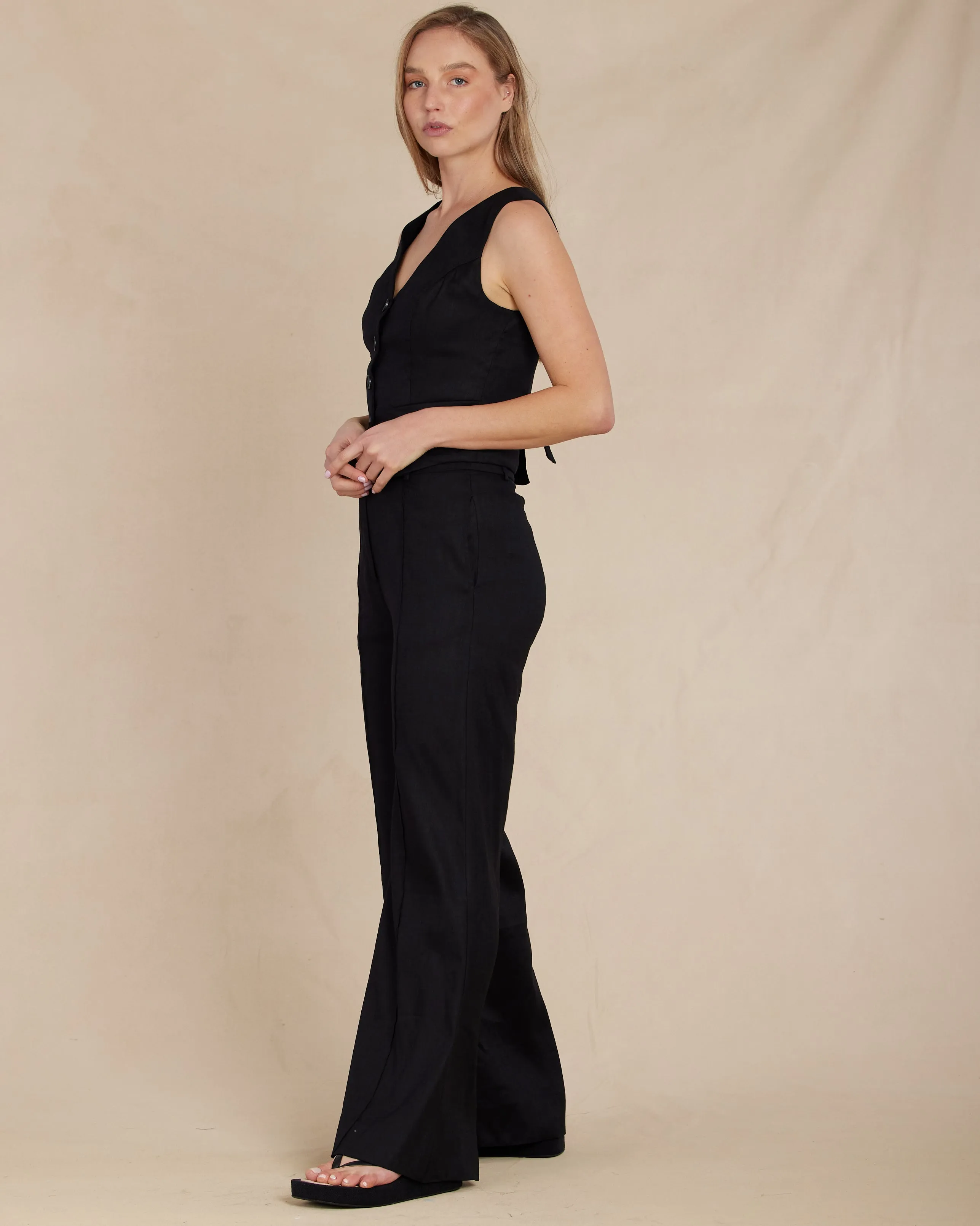 Sofia Linen Twill Wide Leg Pants - Nero