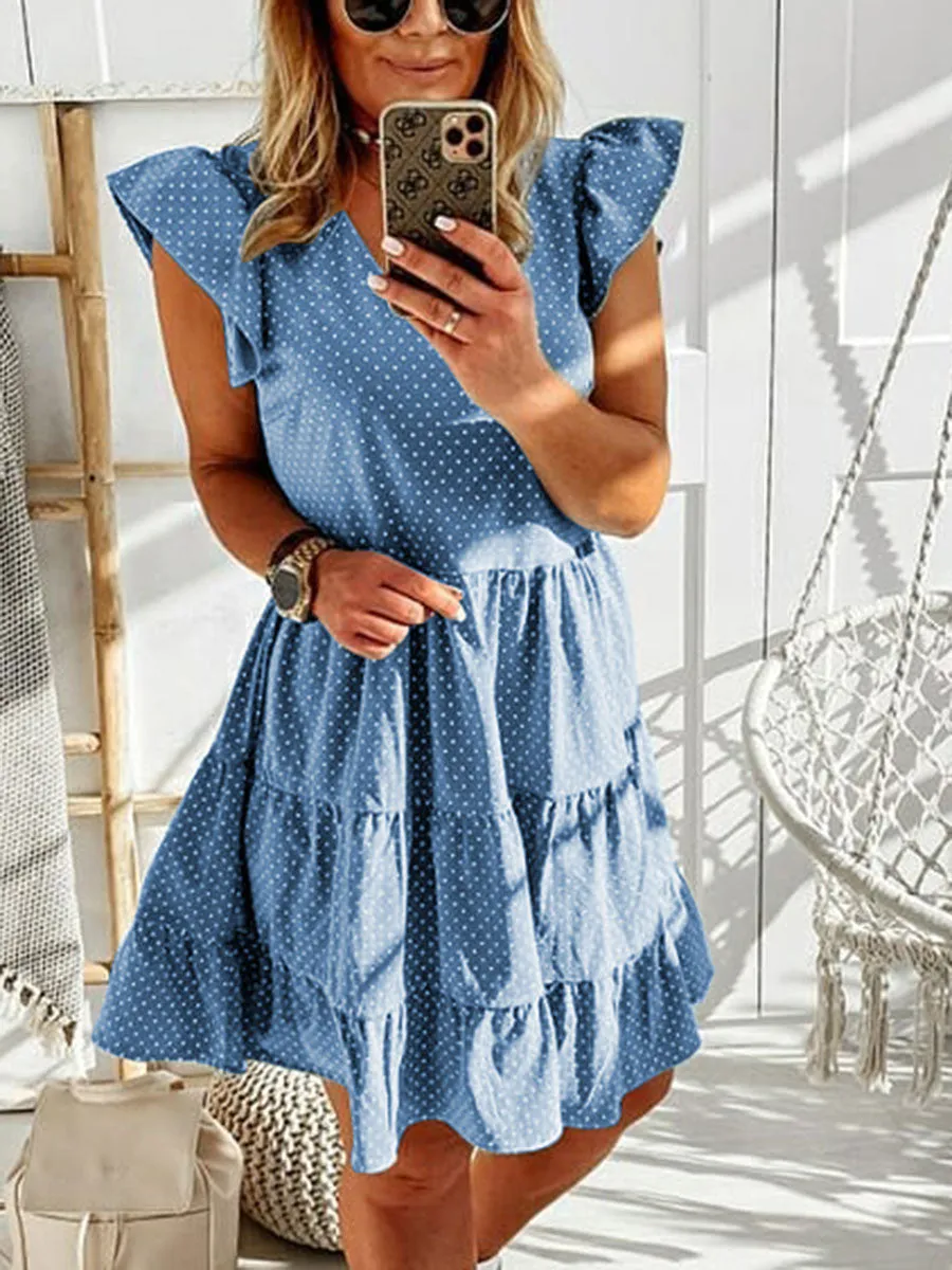 Solid Color V-neck Ruffled Dress