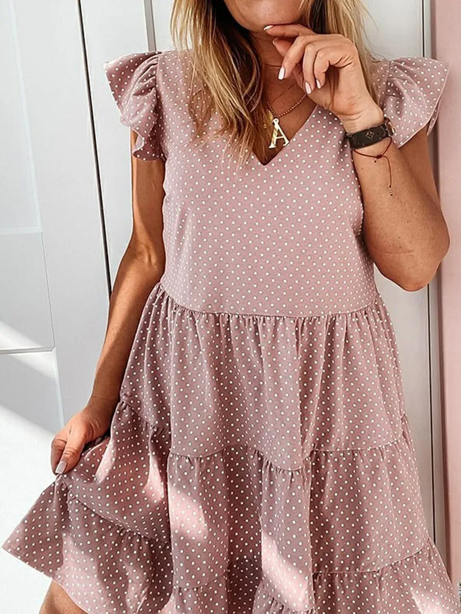 Solid Color V-neck Ruffled Dress