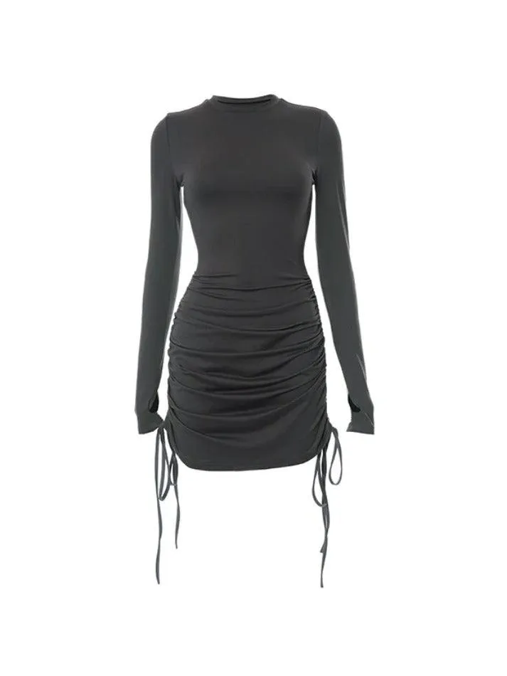 Solid Crew Neck Drawstring Shirred Mini Dress