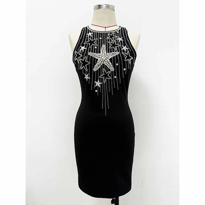 Star Crystal Embellished Body-con Minidress Short Black Dress