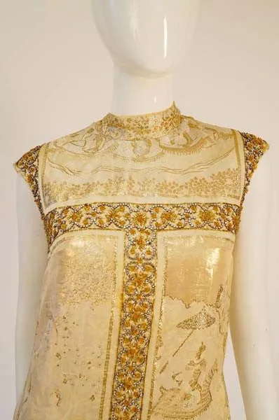 Unique 1960's Asian Print Gold Lame Brocade Gown