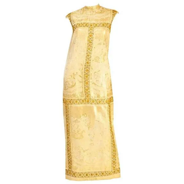 Unique 1960's Asian Print Gold Lame Brocade Gown