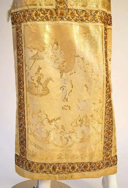 Unique 1960's Asian Print Gold Lame Brocade Gown