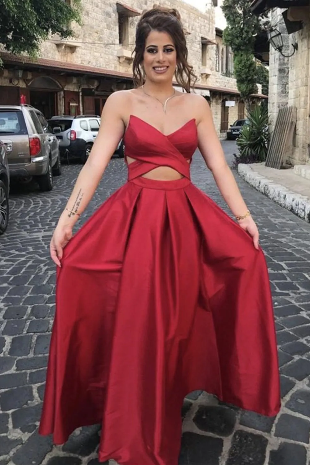 Unique V Neck Backless Red Satin Long Prom Dress, Backless Red Formal Dresses, Red Evening Dress A1299