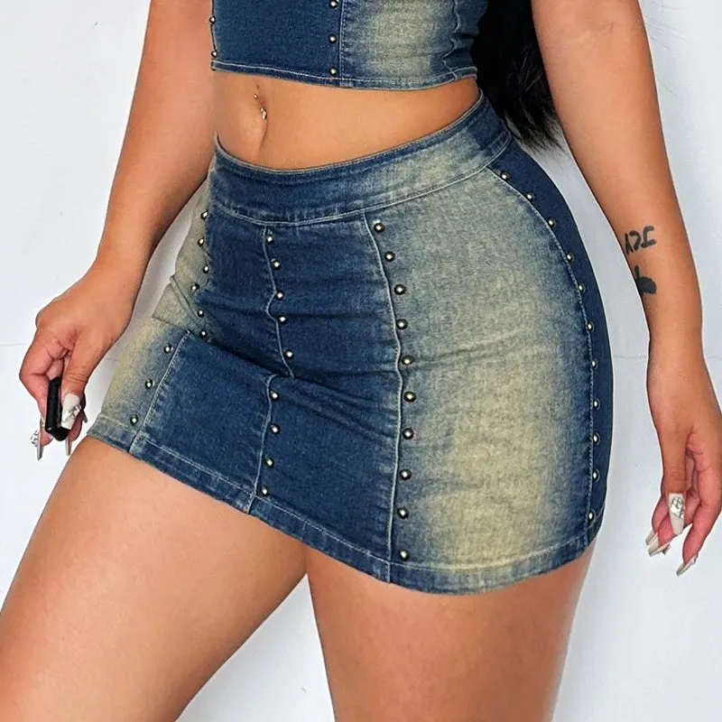 Vintage Gradient Rivet Bodycon Summer Denim Skirt Female Streetwear Hottie Party Sexy Skirts Mini Zip-up Super Short