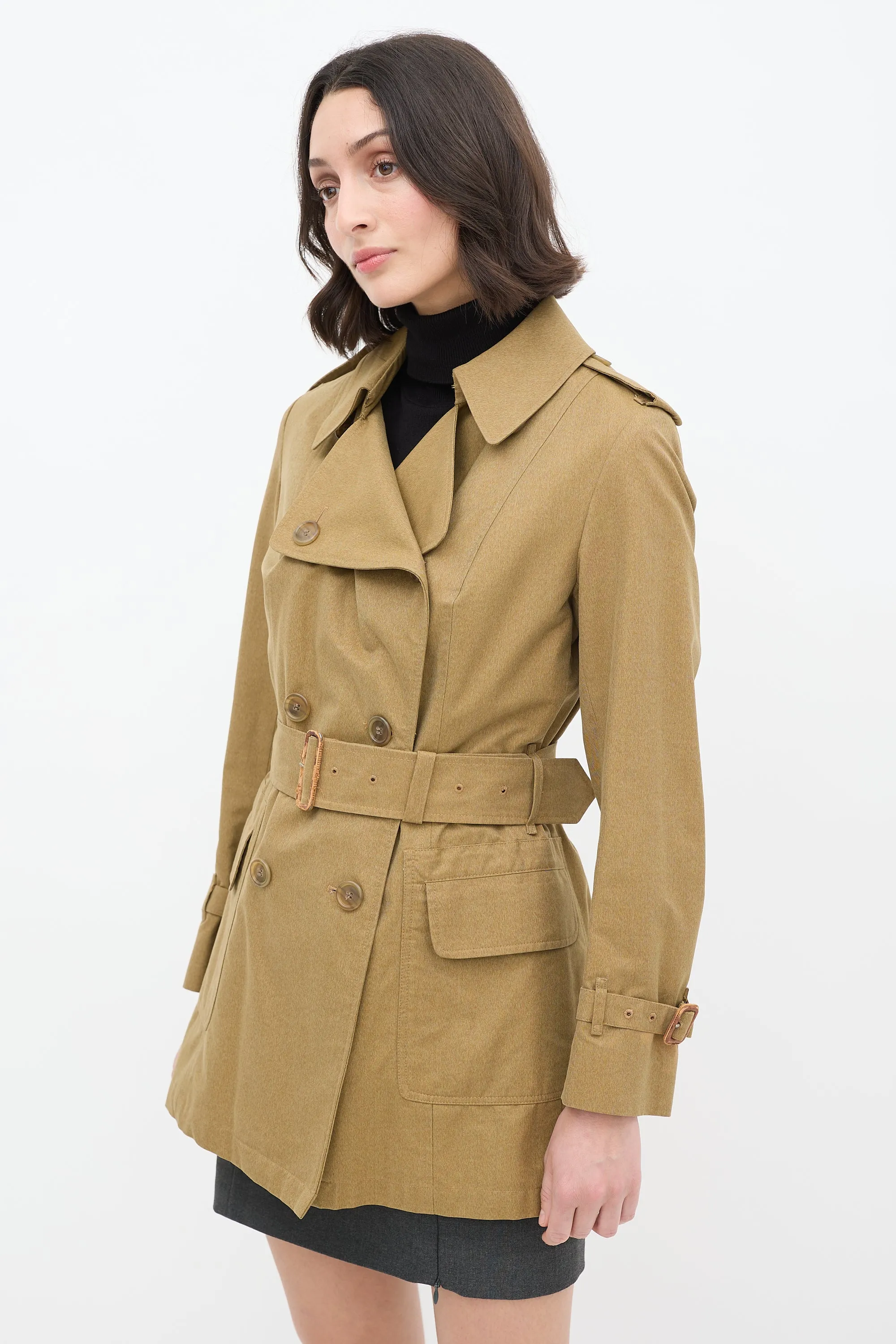 Vintage Khaki Green Belted Short Trench Coat