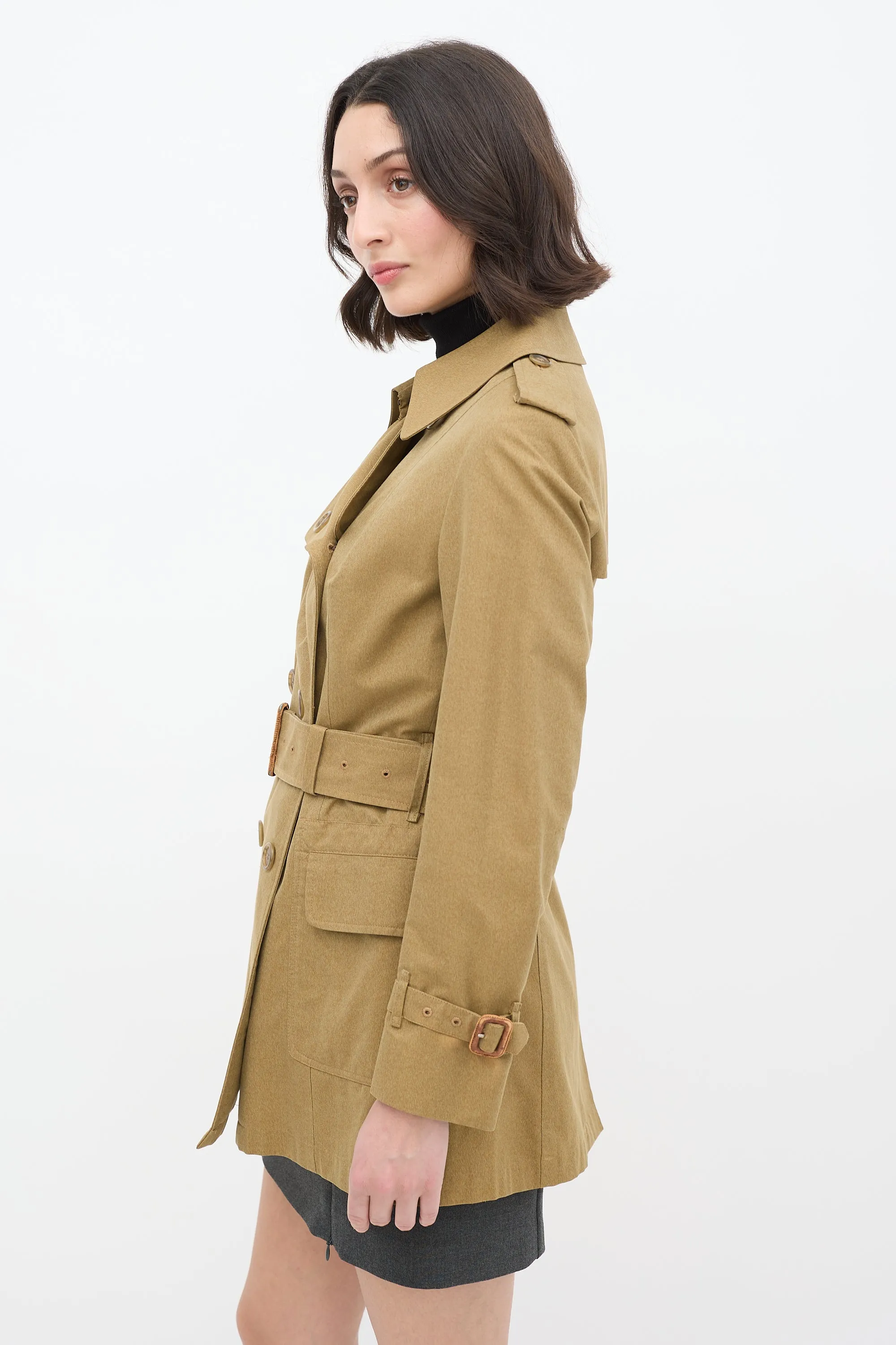 Vintage Khaki Green Belted Short Trench Coat