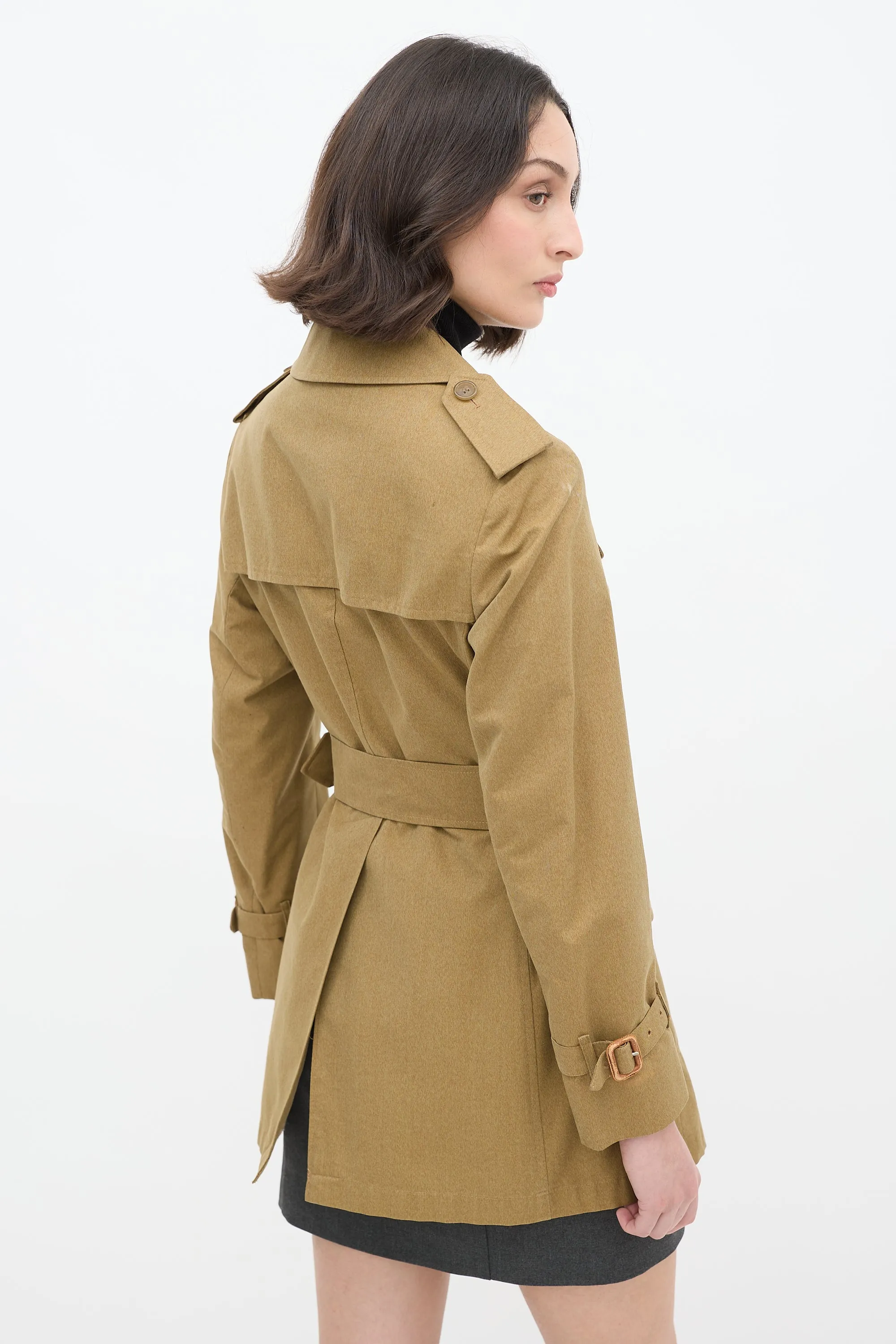 Vintage Khaki Green Belted Short Trench Coat