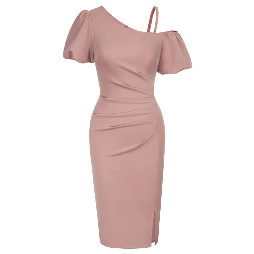 Vintage One Shoulder Dress Front Slit Below-Knee Ruched Bodycon Dress