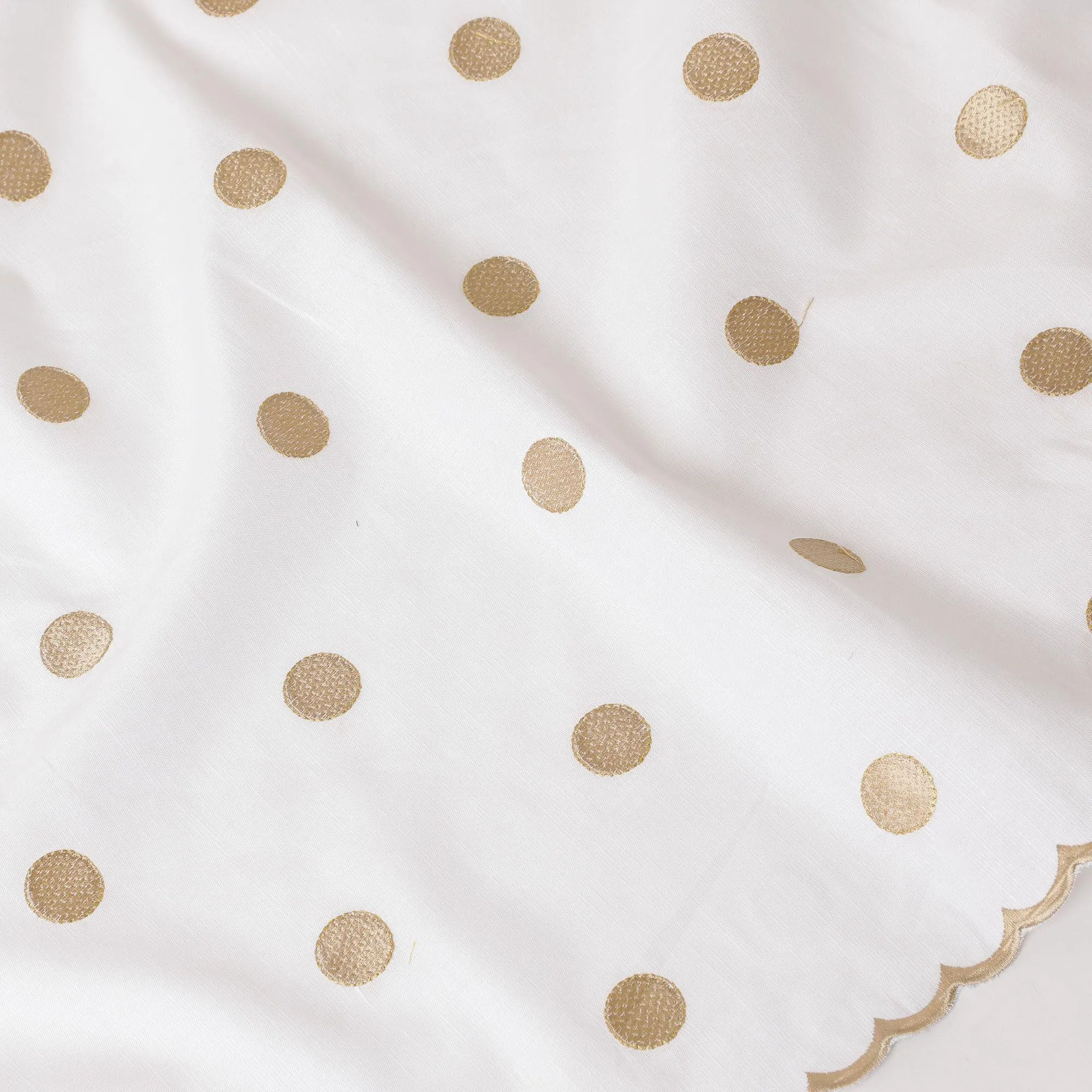 White blended linen fabric with light gold and gold embroidery in dot design-D6176