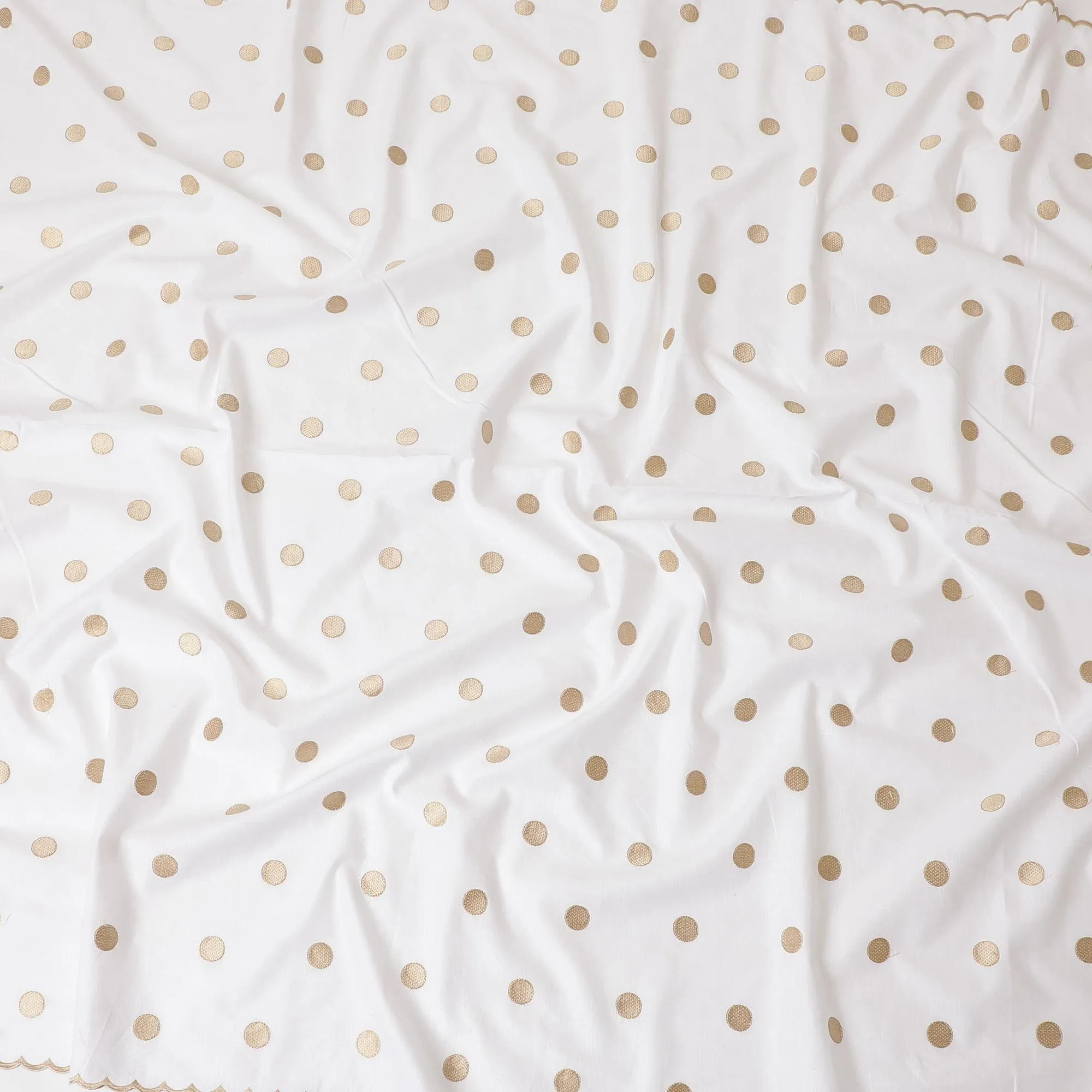 White blended linen fabric with light gold and gold embroidery in dot design-D6176