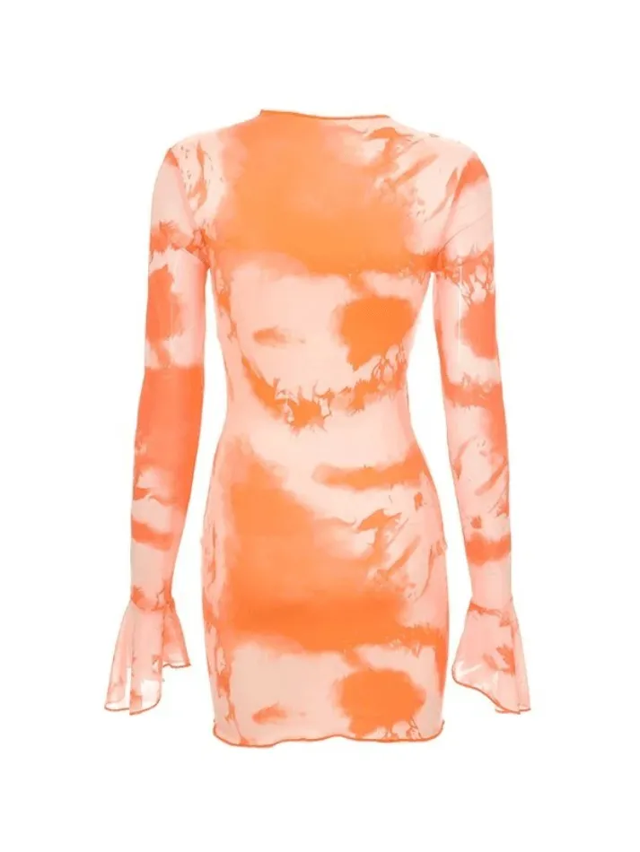 Wjczt Abstract-Print Flared-Sleeve Tie Dress