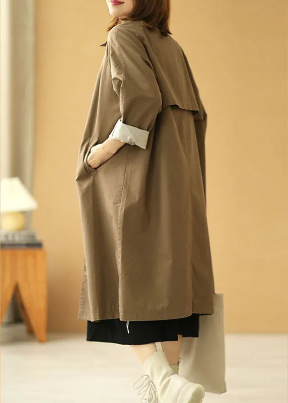 Women Khaki PeterPan Collar Pockets Button Fall Long Sleeve Trench