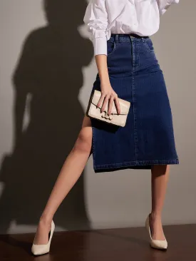 Women Navy Denim Side Slit Midi Skirt