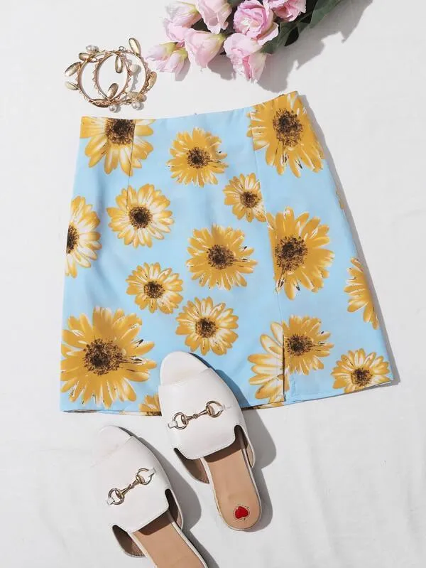 Zipper Back Split Hem Sunflower Print Skirt